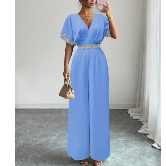 Classic V neck Floral lace Short Sleeve Stretchy Waist Wide Leg Jumpsuit - Picture 10 of 10